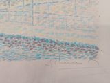 a drawing of a boat on the water with a bridge in the background