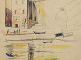 dessin représentant un bateau sur un plan d'eau, avec un bâtiment en arrière-plan