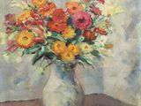 tableau représentant un vase de fleurs posé sur une table, avec un mur en arrière-plan