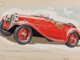 Une vieille voiture rouge est représentée sur un dessin tracé sur une feuille de papier