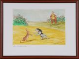 painting of a dog chasing a cat in a field with a man and a dog