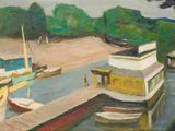 un tableau représentant des bateaux amarrés à un quai au bord de l'eau