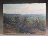 une peinture à l'huile représentant un paysage avec des arbres et des collines au loin