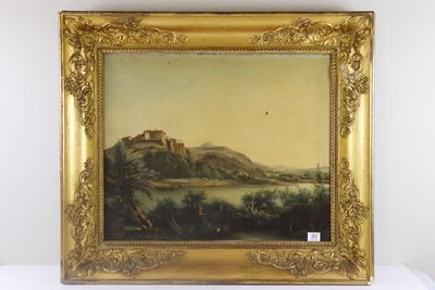 painting of a landscape with a castle on a hill in the distance