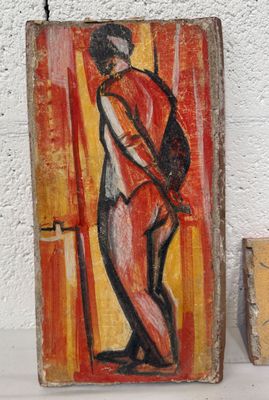 un tableau représentant un homme tenant une batte de baseball posée sur une étagère