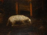 painting of a white sheep in a barn with a basket of flowers in the background