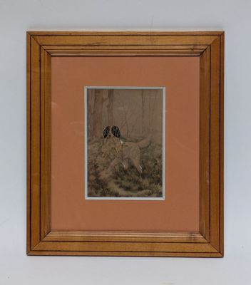tableau représentant deux oiseaux perchés au sommet d'une colline, dans un cadre en bois