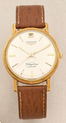an image of a gold wrist watch with a brown leather strap