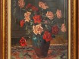 une peinture de roses dans un vase sur une table