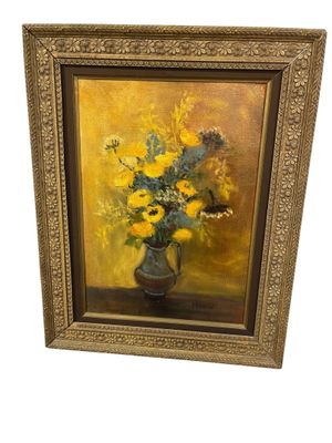 tableau représentant des tournesols dans un vase sur fond jaune