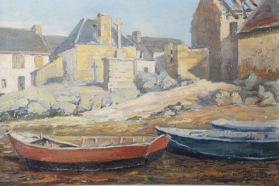 two boats that are sitting in the sand
