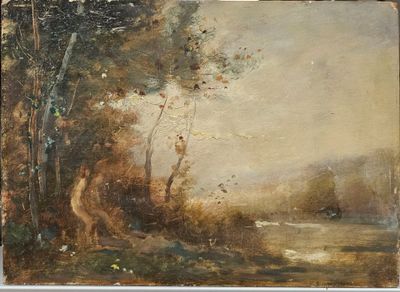 an image of a painting of a wooded landscape with a river in the foreground