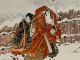 a plate with a painting of a woman and a child in the snow