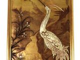 painting of a crane in a landscape with flowers and trees