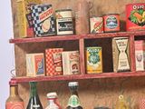 a wooden shelf with many different types of food and drinks on it