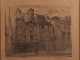 dessin représentant un bâtiment surmonté d'une horloge