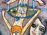 an image of a painting of two people hanging upside down