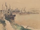a watercolor painting of a boat in the water