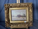 a painting of a boat in a body of water next to a easel
