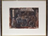 painting of a group of people sitting around a table under an umbrella