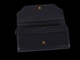a black leather wallet with a gold clasp on the front