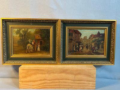 une paire de tableaux représentant une scène de village avec une calèche et une autre calèche