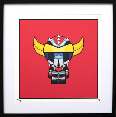 une image encadrée représentant un personnage de dessin animé portant un casque, sur fond rouge