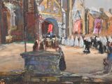 a painting of a group of people walking in front of a church