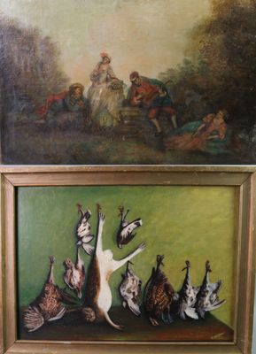 un tableau accroché au mur d'une pièce, représentant un chien et un groupe de chats