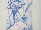 a drawing of flowers in a vase on a table