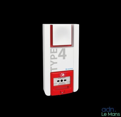 a red and white vending machine on a black background