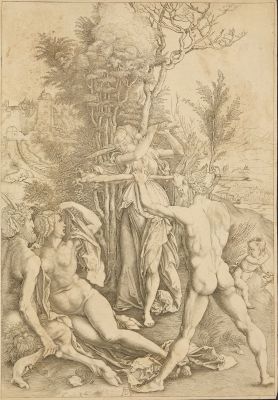 drawing of a group of naked men in a wooded area