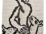 a drawing of a man holding a baby goat