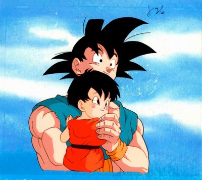 une illustration représentant le jeune Gohan en train d'enlacer un autre enfant