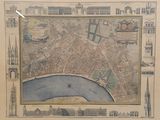 une vieille carte d'une ville avec des bâtiments et une rivière
