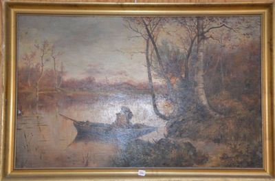 un tableau représentant deux personnes dans un bateau sur l'eau