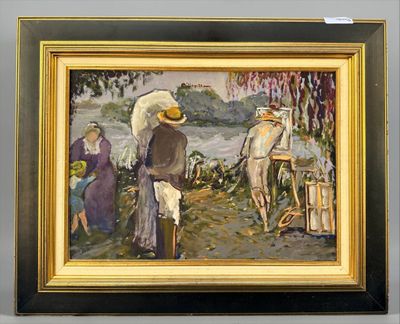 tableau représentant une femme et un homme accompagnés d'un chien dans un paysage