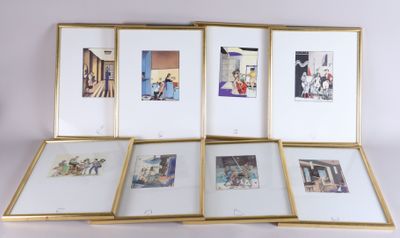 several framed pictures of people in a room with a white wall