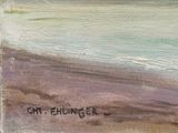 un tableau représentant un homme marchant sur la plage avec une planche de surf