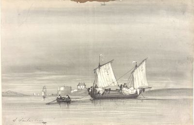 un vieux dessin représentant un bateau sur l'eau avec des personnes à bord