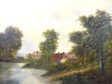une peinture à l'huile représentant une rivière avec des maisons et des arbres en arrière-plan