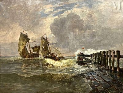 une peinture représentant un bateau sur l'eau près d'un embarcadère