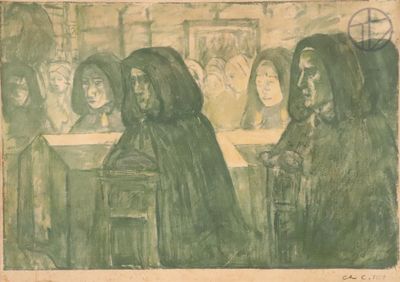drawing of a group of women in a church with a priest