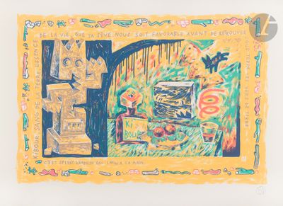 drawing of a painting of a yellow frame with a picture of a bird and a birdhouse