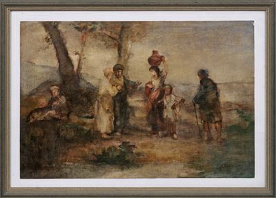 une peinture à l'huile représentant un groupe de personnes dans un environnement boisé