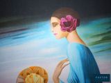 painting of a woman with a flower in her hair holding a fan