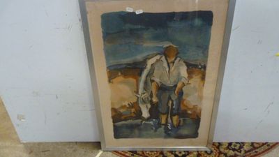 une photo d'un tableau représentant un homme avec un chien sur un tapis