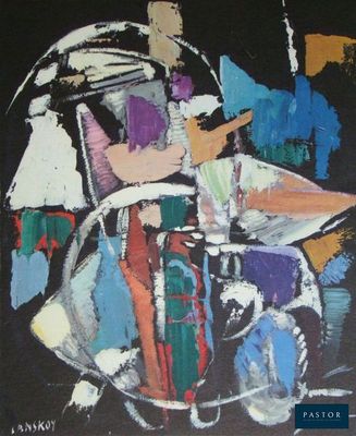 peinture abstraite représentant une femme assise sur une chaise, sur fond noir