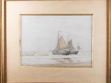 painting of a sailboat in a body of water with a boat in the background