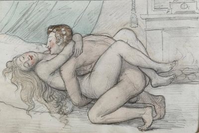 a drawing of two women laying on a bed